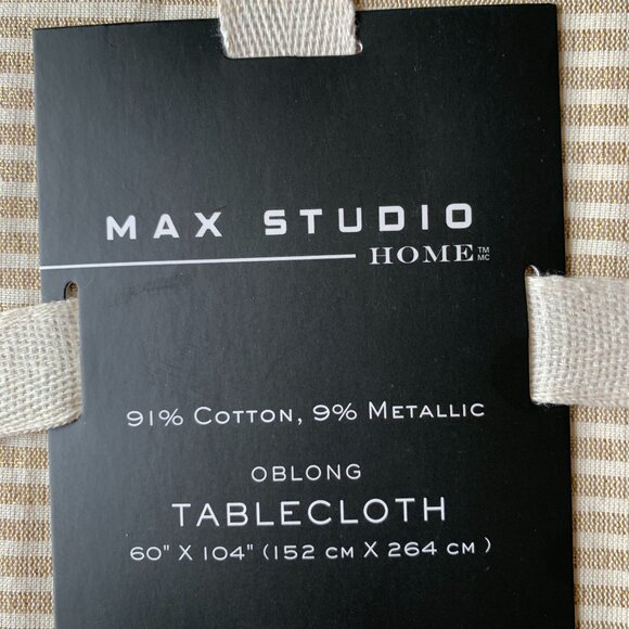 Max Studio Gold Beige Striped Cotton Metallic Tablecloth Christmas 60 x 104" New - Picture 3 of 5